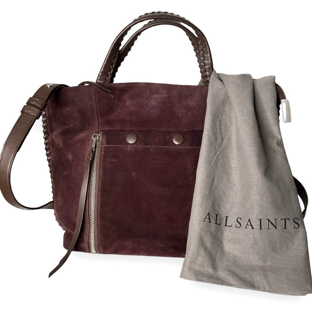 All Saints Handbag Tote Fleur de Lis East West Convertible Suede Raisin Purple
